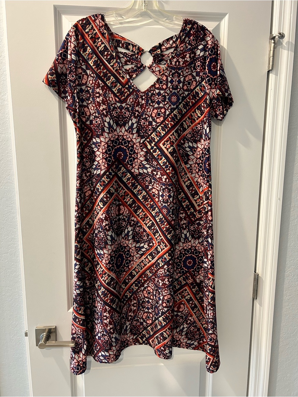 new directions Navy and Rust Geometric A-Line Dress with Ring-Back